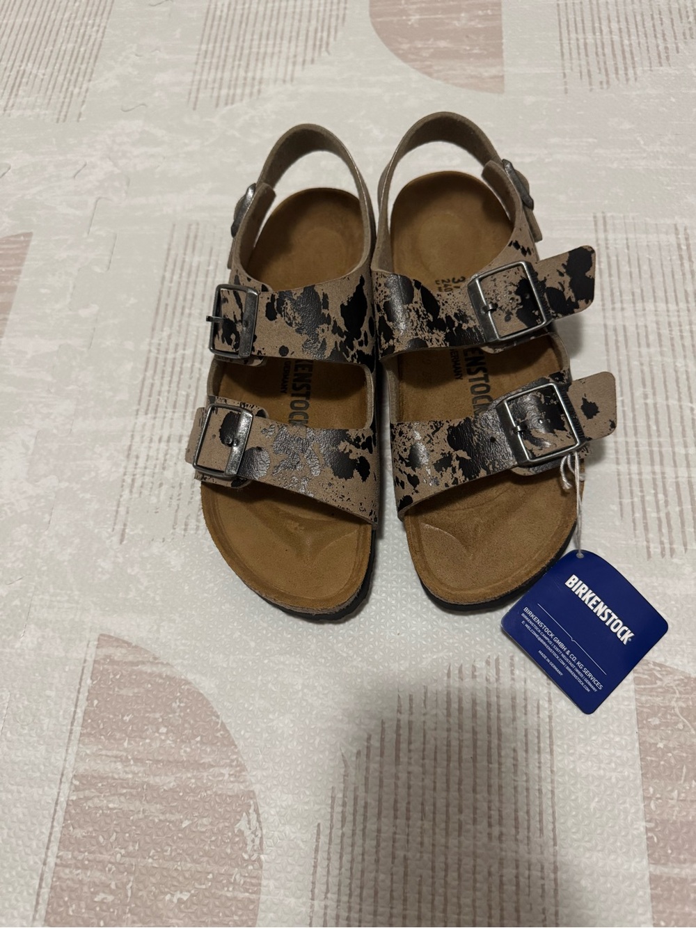 Birkenstock Two-Strap Slingback Sandals in Taupe and Black Splatter
